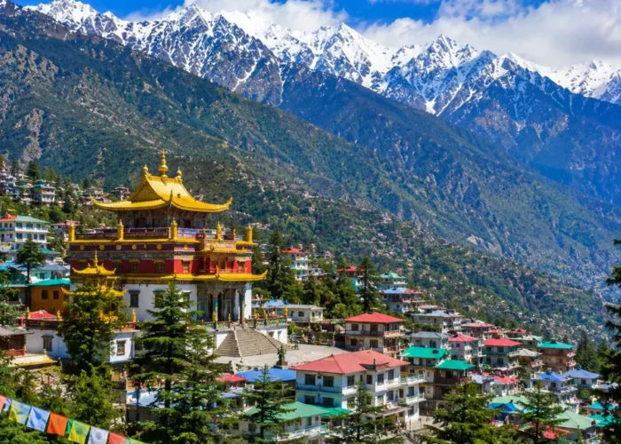 Dharamshala with Dhauladhar mountains, pine forests, Tibetan monastery and clear morning Himalayan views.
