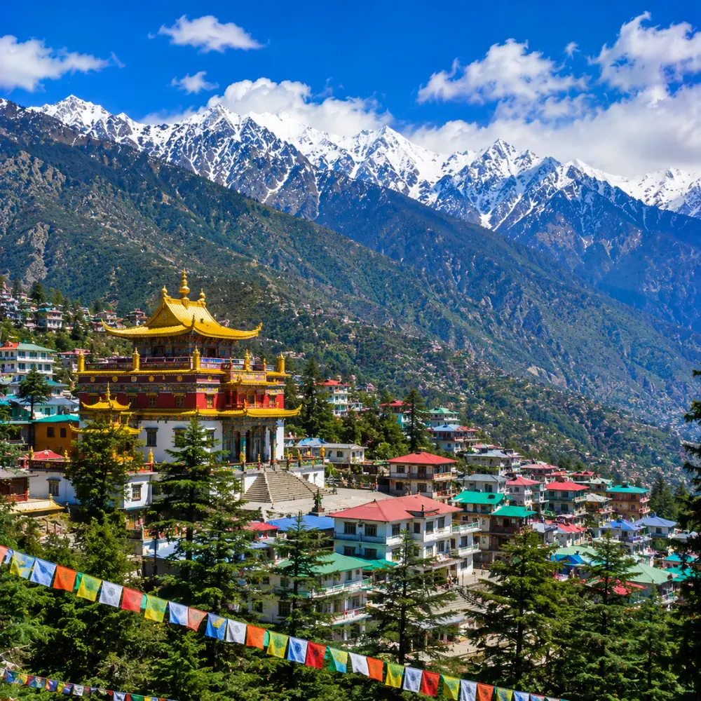 Dharamshala with Dhauladhar mountains, pine forests, Tibetan monastery and clear morning Himalayan views.