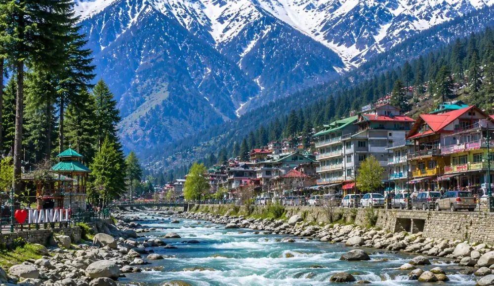 Manali with snow-capped Himalayan peaks, pine forests, Beas River and clear morning mountain scenery in Himachal.