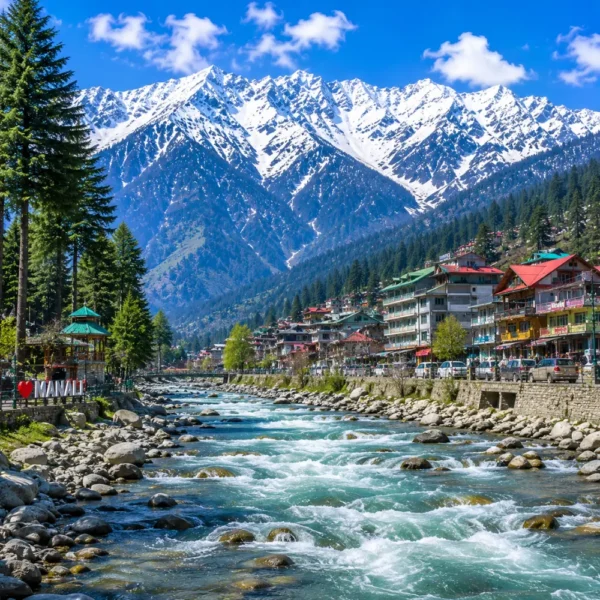 Manali with snow-capped Himalayan peaks, pine forests, Beas River and clear morning mountain scenery in Himachal.