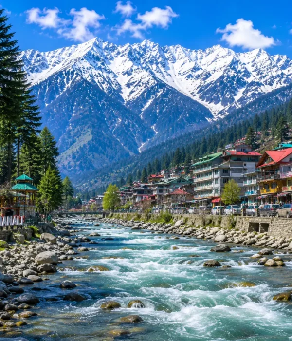 Manali with snow-capped Himalayan peaks, pine forests, Beas River and clear morning mountain scenery in Himachal.