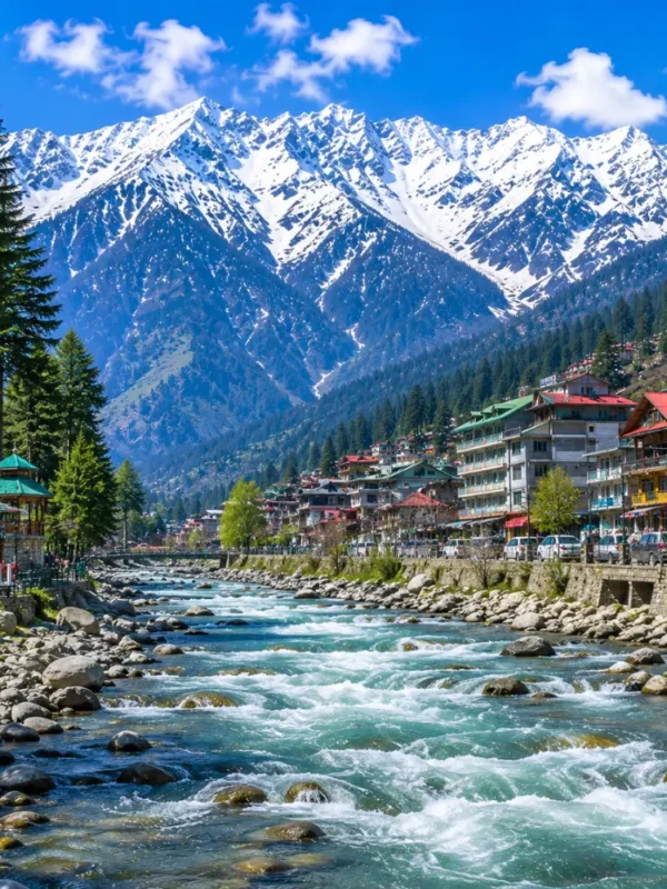 Manali with snow-capped Himalayan peaks, pine forests, Beas River and clear morning mountain scenery in Himachal.