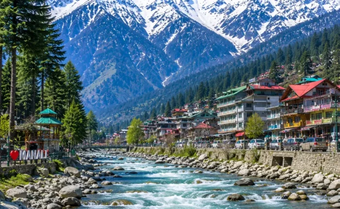 Manali with snow-capped Himalayan peaks, pine forests, Beas River and clear morning mountain scenery in Himachal.