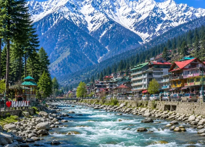 Manali with snow-capped Himalayan peaks, pine forests, Beas River and clear morning mountain scenery in Himachal.