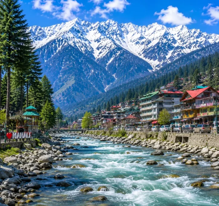 Manali with snow-capped Himalayan peaks, pine forests, Beas River and clear morning mountain scenery in Himachal.