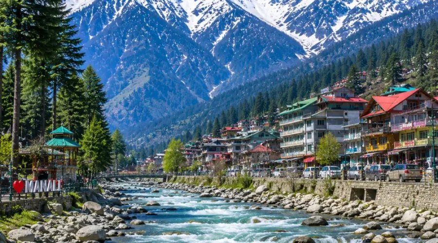 Manali with snow-capped Himalayan peaks, pine forests, Beas River and clear morning mountain scenery in Himachal.