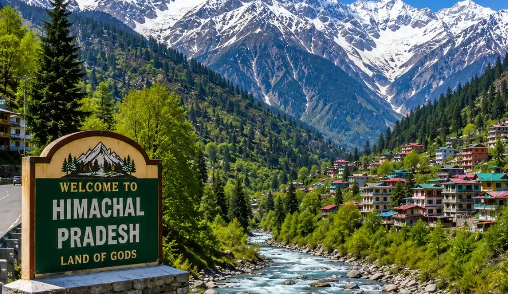 Himachal Pradesh with snow-capped Himalayas, pine forests, rivers, hill towns and clear morning mountain scenery.