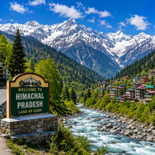 Himachal Pradesh with snow-capped Himalayas, pine forests, rivers, hill towns and clear morning mountain scenery.