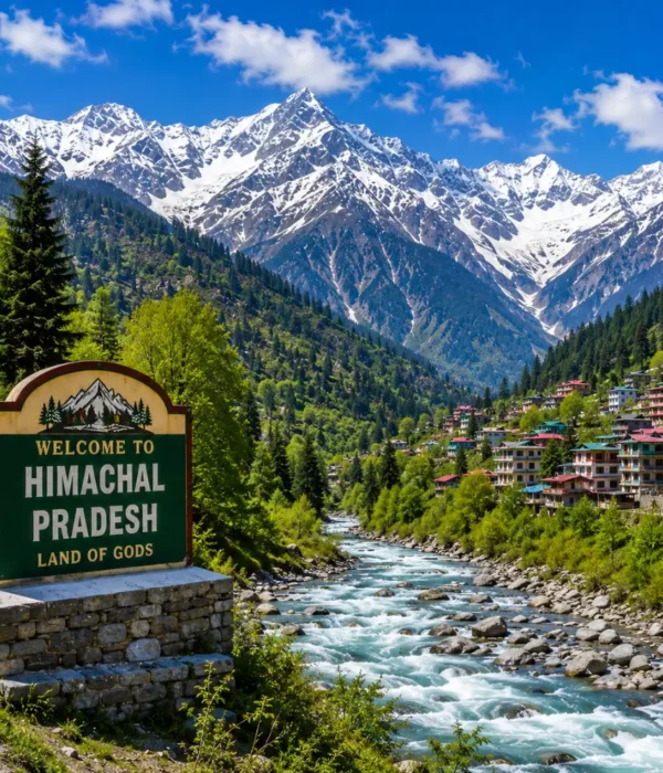 Himachal Pradesh with snow-capped Himalayas, pine forests, rivers, hill towns and clear morning mountain scenery.
