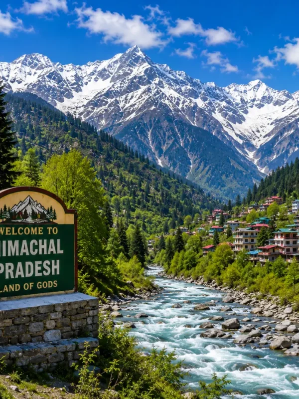 Himachal Pradesh with snow-capped Himalayas, pine forests, rivers, hill towns and clear morning mountain scenery.