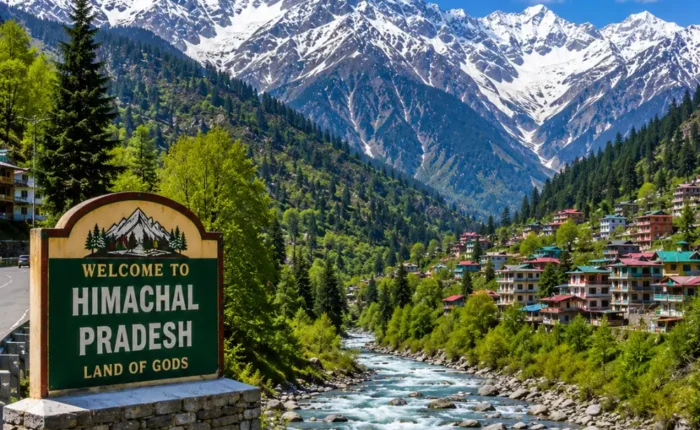Himachal Pradesh with snow-capped Himalayas, pine forests, rivers, hill towns and clear morning mountain scenery.