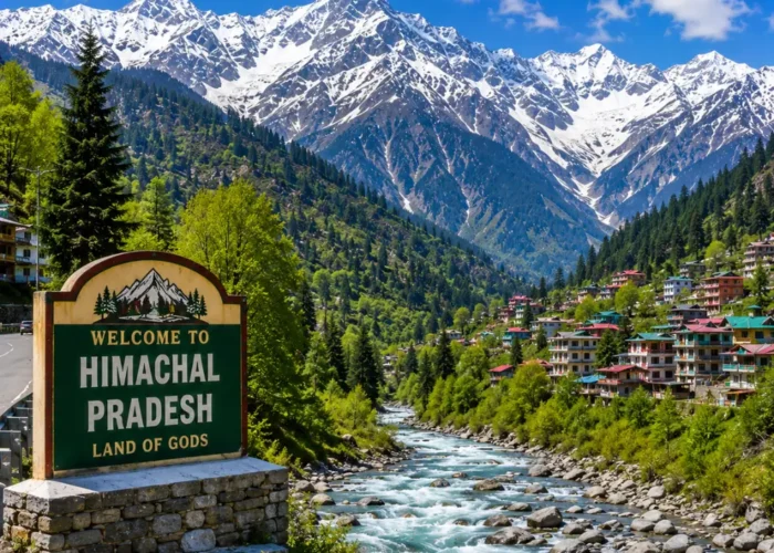 Himachal Pradesh with snow-capped Himalayas, pine forests, rivers, hill towns and clear morning mountain scenery.