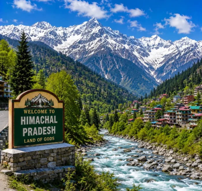 Himachal Pradesh with snow-capped Himalayas, pine forests, rivers, hill towns and clear morning mountain scenery.