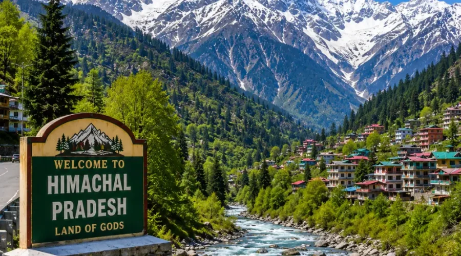 Himachal Pradesh with snow-capped Himalayas, pine forests, rivers, hill towns and clear morning mountain scenery.