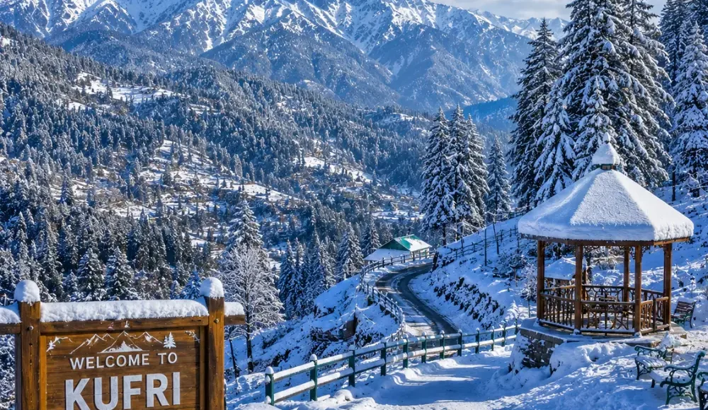 Kufri hill station with pine forests, snowy Himalayan views, green slopes and clear morning mountain scenery near Shimla.
