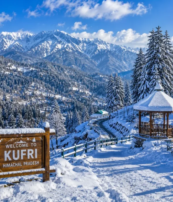 Kufri hill station with pine forests, snowy Himalayan views, green slopes and clear morning mountain scenery near Shimla.