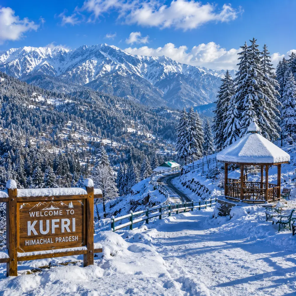 Kufri hill station with pine forests, snowy Himalayan views, green slopes and clear morning mountain scenery near Shimla.