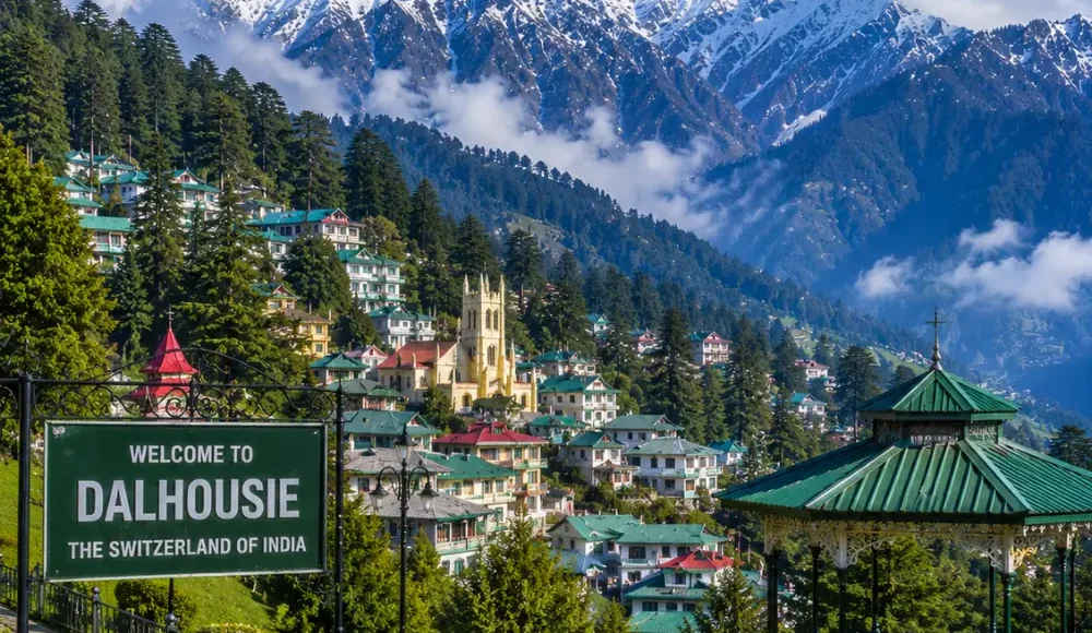 Dalhousie hill station with pine forests, colonial charm, green valleys and clear morning Himalayan mountain views.