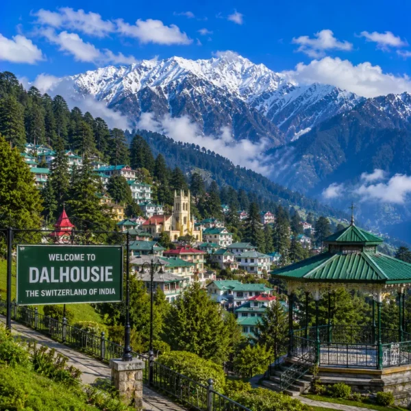 Dalhousie hill station with pine forests, colonial charm, green valleys and clear morning Himalayan mountain views.