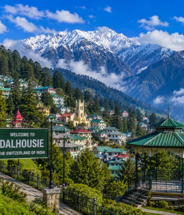 Dalhousie hill station with pine forests, colonial charm, green valleys and clear morning Himalayan mountain views.