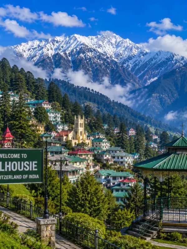 Dalhousie hill station with pine forests, colonial charm, green valleys and clear morning Himalayan mountain views.