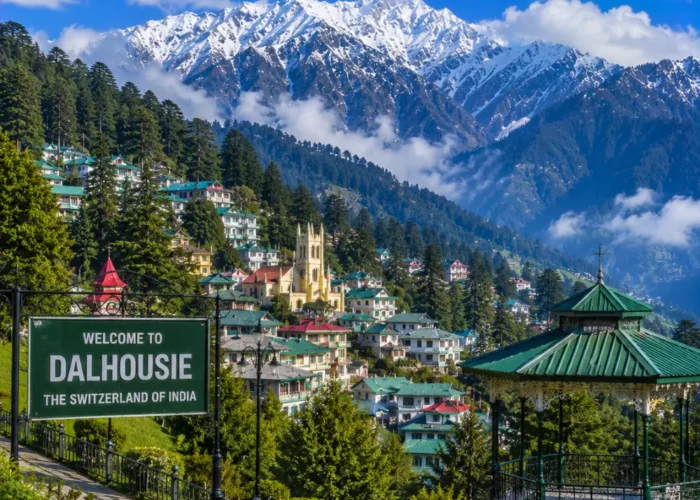 Dalhousie hill station with pine forests, colonial charm, green valleys and clear morning Himalayan mountain views.