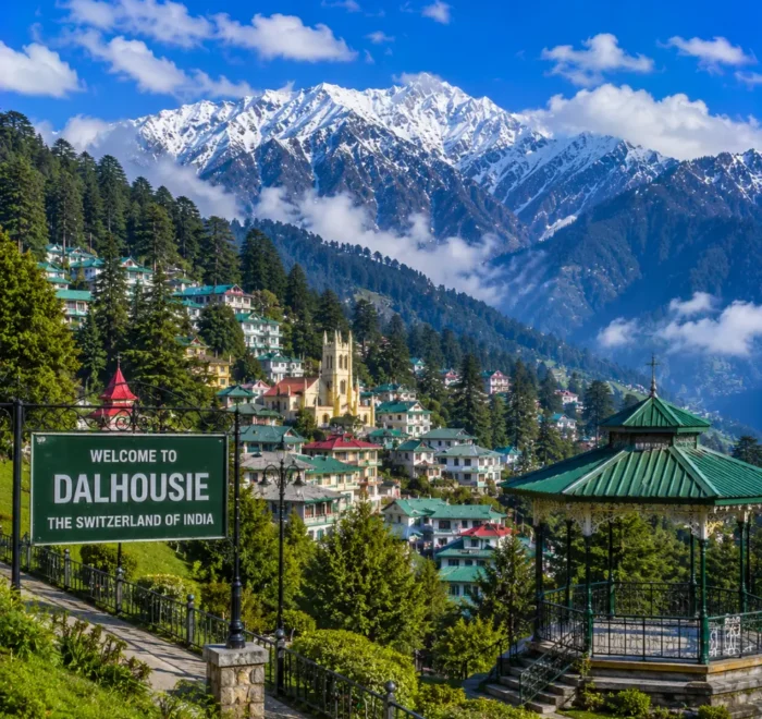Dalhousie hill station with pine forests, colonial charm, green valleys and clear morning Himalayan mountain views.