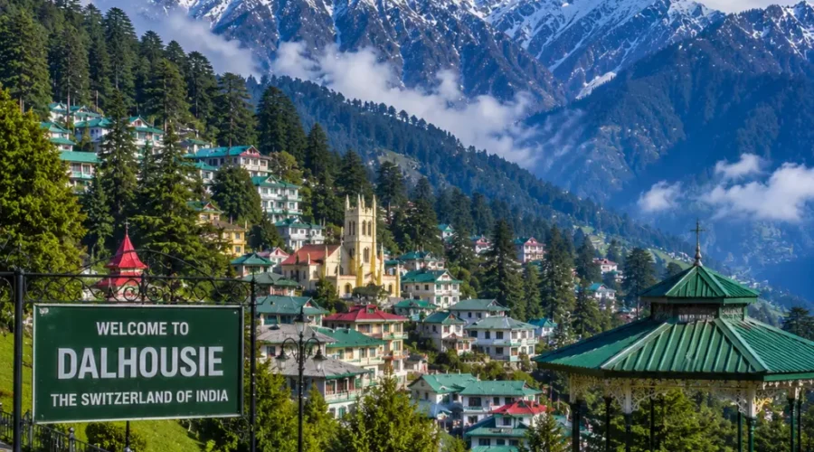 Dalhousie hill station with pine forests, colonial charm, green valleys and clear morning Himalayan mountain views.