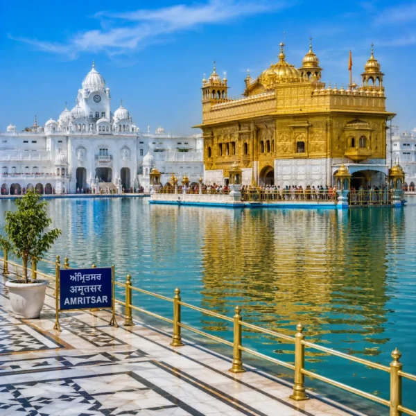 Amritsar Golden Temple with sacred pool reflections, Sikh architecture and clear morning daylight in Punjab.