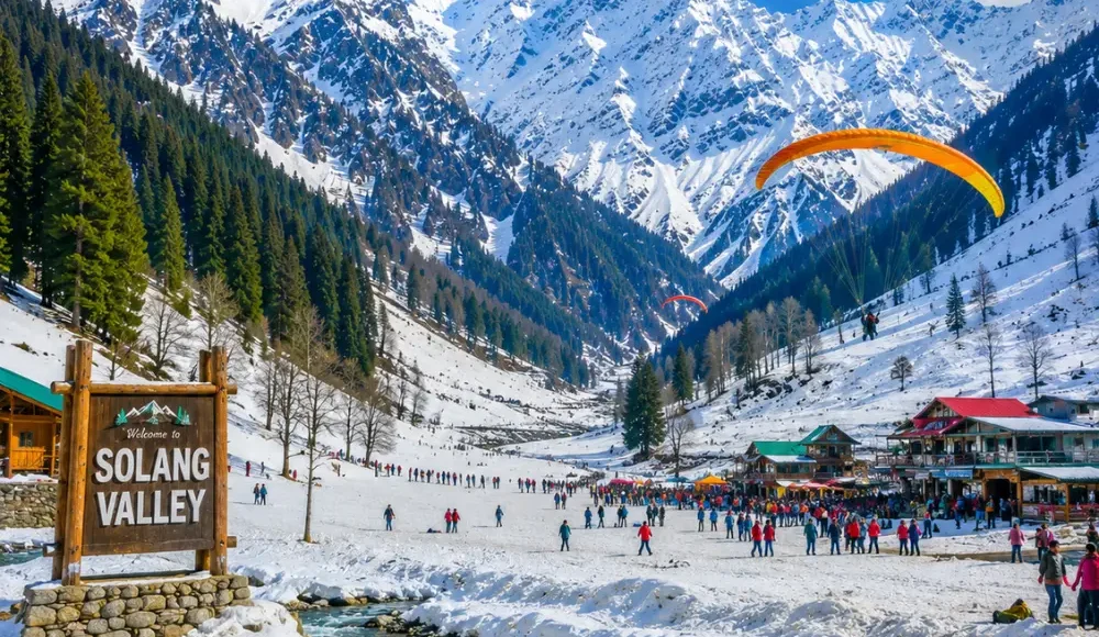 Solang Valley with snow-capped mountains, green meadows, pine forests and clear morning adventure scenery in Manali.