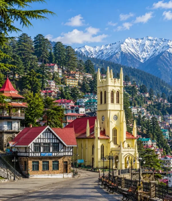 Shimla hill station with colonial buildings, pine forests, Mall Road charm and Himalayan hills in clear morning light.
