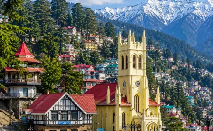 Shimla hill station with colonial buildings, pine forests, Mall Road charm and Himalayan hills in clear morning light.