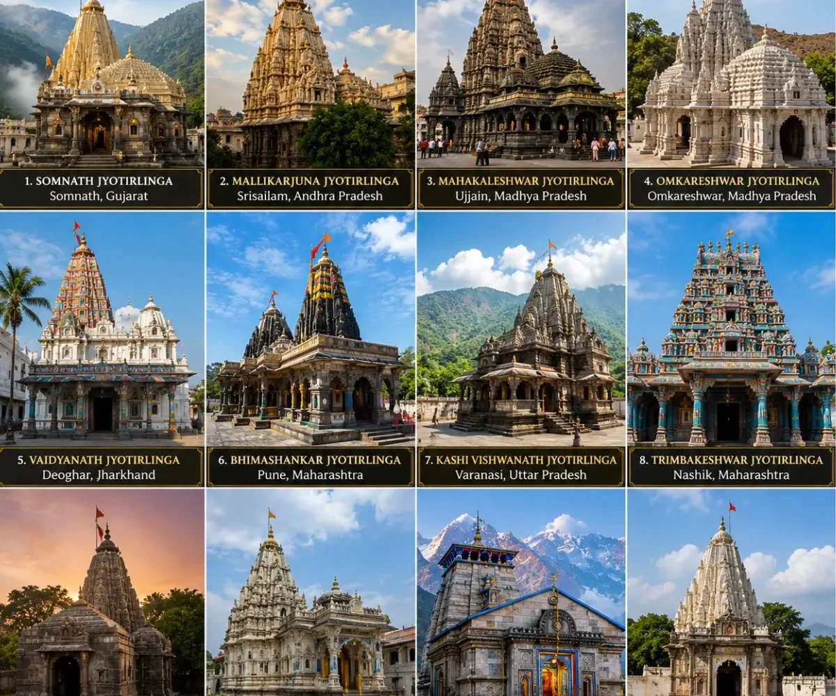 12 Jyotirlinga Pan India Temple Yatra covering Somnath, Mahakaleshwar, Kedarnath, Kashi Vishwanath, Trimbakeshwar, Rameswaram and all sacred Jyotirlingas.