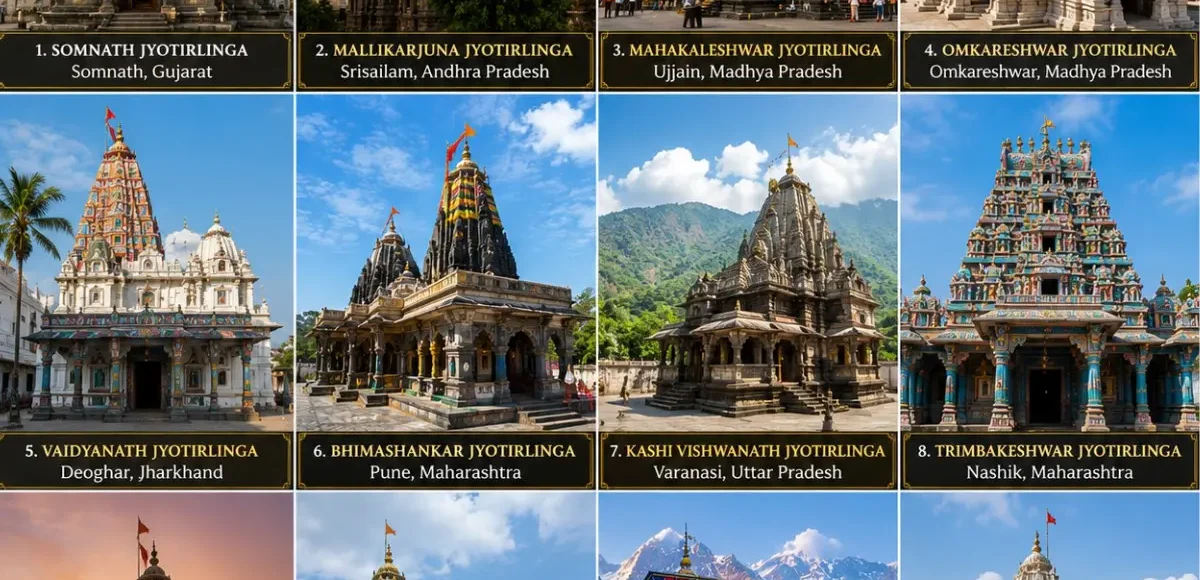 12 Jyotirlinga Pan India Temple Yatra covering Somnath, Mahakaleshwar, Kedarnath, Kashi Vishwanath, Trimbakeshwar, Rameswaram and all sacred Jyotirlingas.