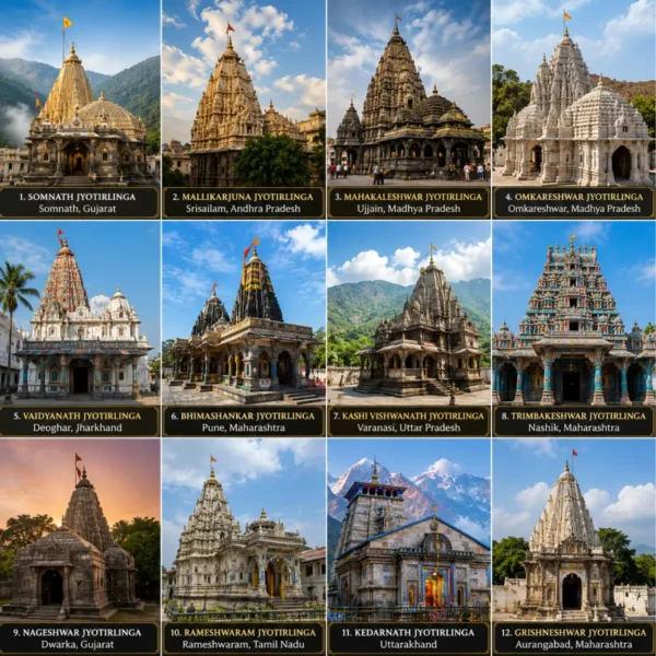 12 Jyotirlinga Pan India Temple Yatra covering Somnath, Mahakaleshwar, Kedarnath, Kashi Vishwanath, Trimbakeshwar, Rameswaram and all sacred Jyotirlingas.