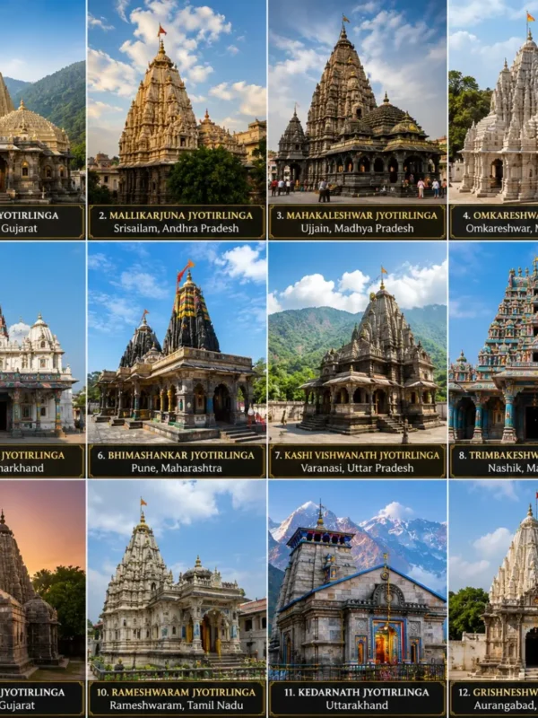 12 Jyotirlinga Pan India Temple Yatra covering Somnath, Mahakaleshwar, Kedarnath, Kashi Vishwanath, Trimbakeshwar, Rameswaram and all sacred Jyotirlingas.