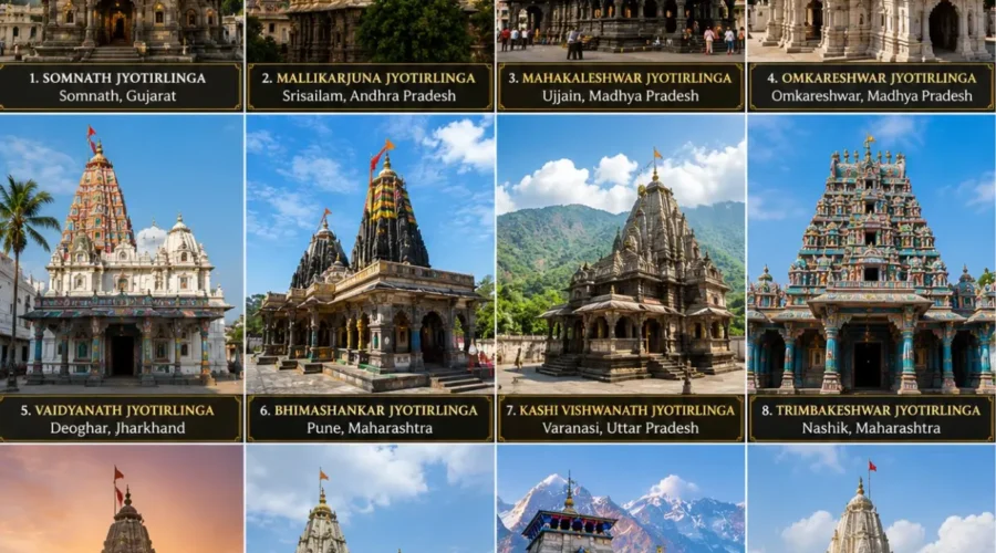 12 Jyotirlinga Pan India Temple Yatra covering Somnath, Mahakaleshwar, Kedarnath, Kashi Vishwanath, Trimbakeshwar, Rameswaram and all sacred Jyotirlingas.