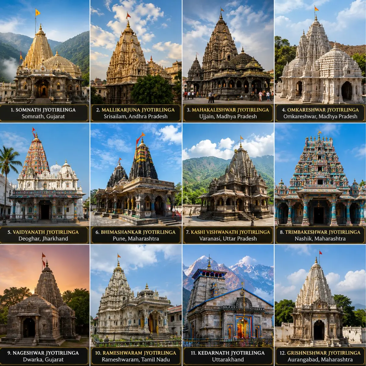 12 Jyotirlinga Pan India Temple Yatra covering Somnath, Mahakaleshwar, Kedarnath, Kashi Vishwanath, Trimbakeshwar, Rameswaram and all sacred Jyotirlingas.