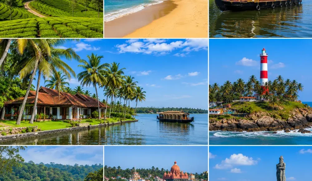 Kerala tour collage with backwaters, tea gardens, beaches, wildlife forest and heritage landmarks in clear morning light.