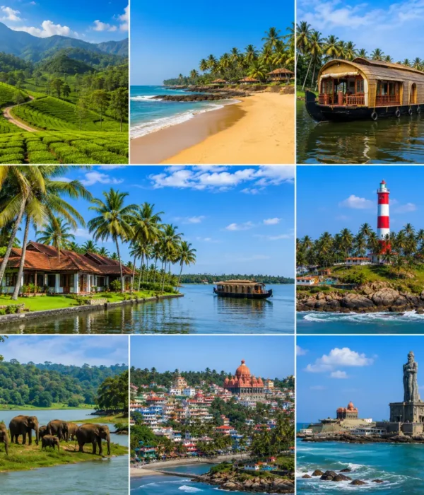 Kerala tour collage with backwaters, tea gardens, beaches, wildlife forest and heritage landmarks in clear morning light.