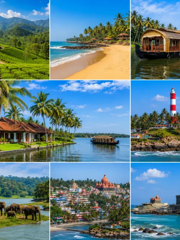 Kerala tour collage with backwaters, tea gardens, beaches, wildlife forest and heritage landmarks in clear morning light.