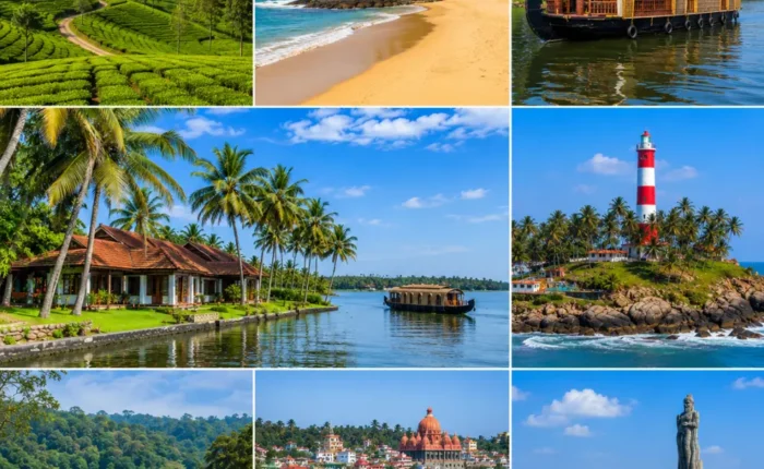 Kerala tour collage with backwaters, tea gardens, beaches, wildlife forest and heritage landmarks in clear morning light.