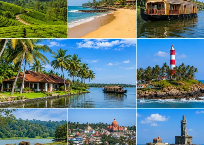 Kerala tour collage with backwaters, tea gardens, beaches, wildlife forest and heritage landmarks in clear morning light.