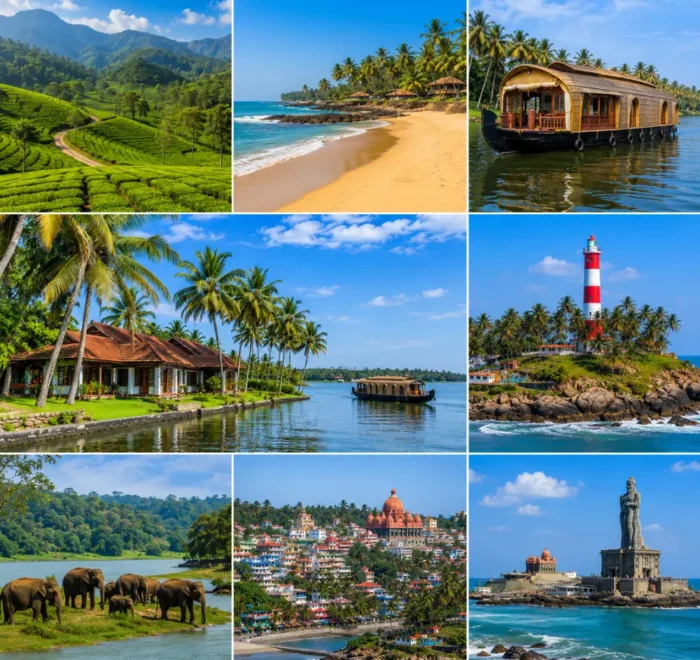 Kerala tour collage with backwaters, tea gardens, beaches, wildlife forest and heritage landmarks in clear morning light.