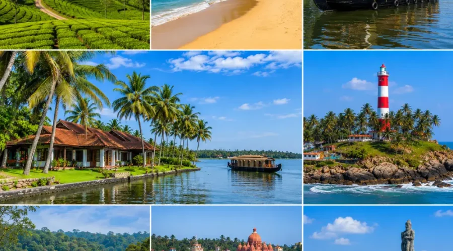 Kerala tour collage with backwaters, tea gardens, beaches, wildlife forest and heritage landmarks in clear morning light.