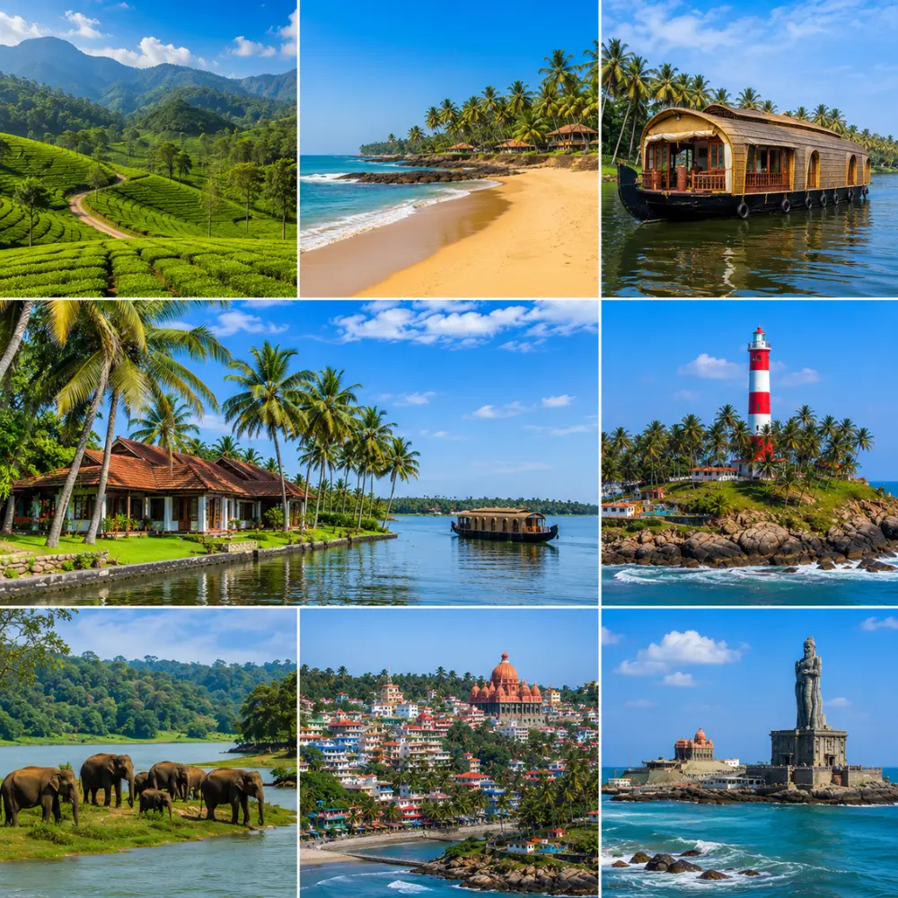 Kerala tour collage with backwaters, tea gardens, beaches, wildlife forest and heritage landmarks in clear morning light.