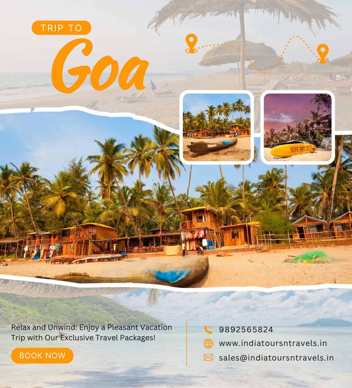 Lush tropical beach in Goa with wooden huts, palm trees, and water sports equipment, ideal for relaxing beach vacations and adventure sports in India.