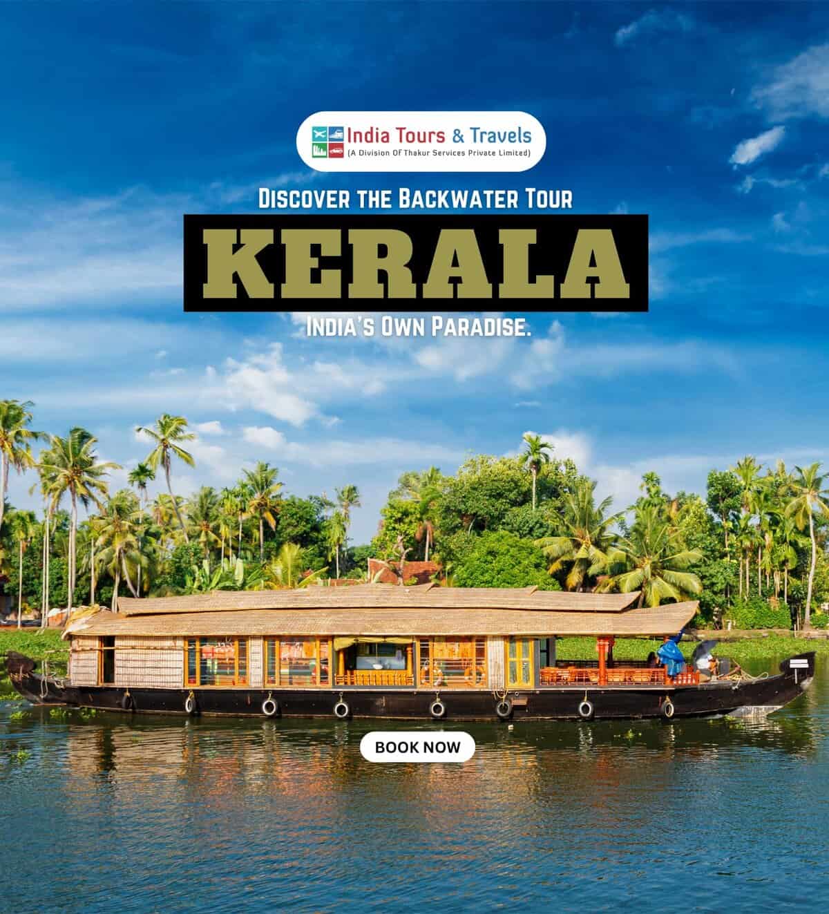 Relaxing houseboat cruise on Kerala backwaters surrounded by lush greenery and palm trees, showcasing Kerala tour experiences.