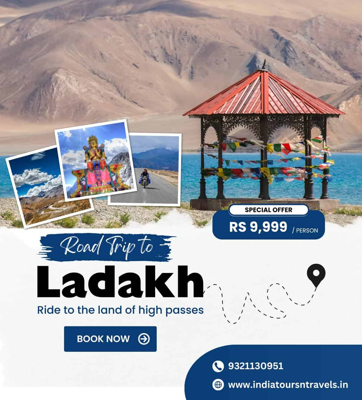 Ladakh road trip travel poster showcasing Himalayan landscape, iconic temples, and adventure activities in India. Perfect for exploring high passes, scenic views, and cultural experiences.