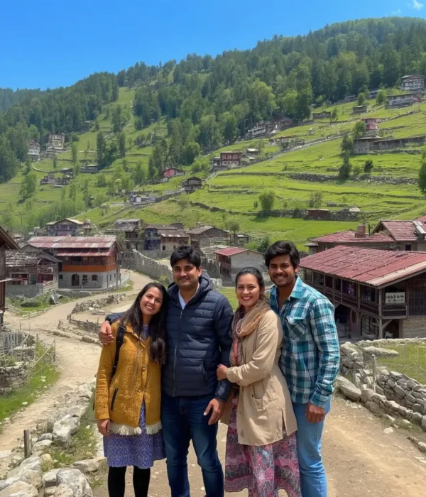 Family tour in Uttarakhand with green mountain village, scenic hill views, traditional homes and peaceful nature